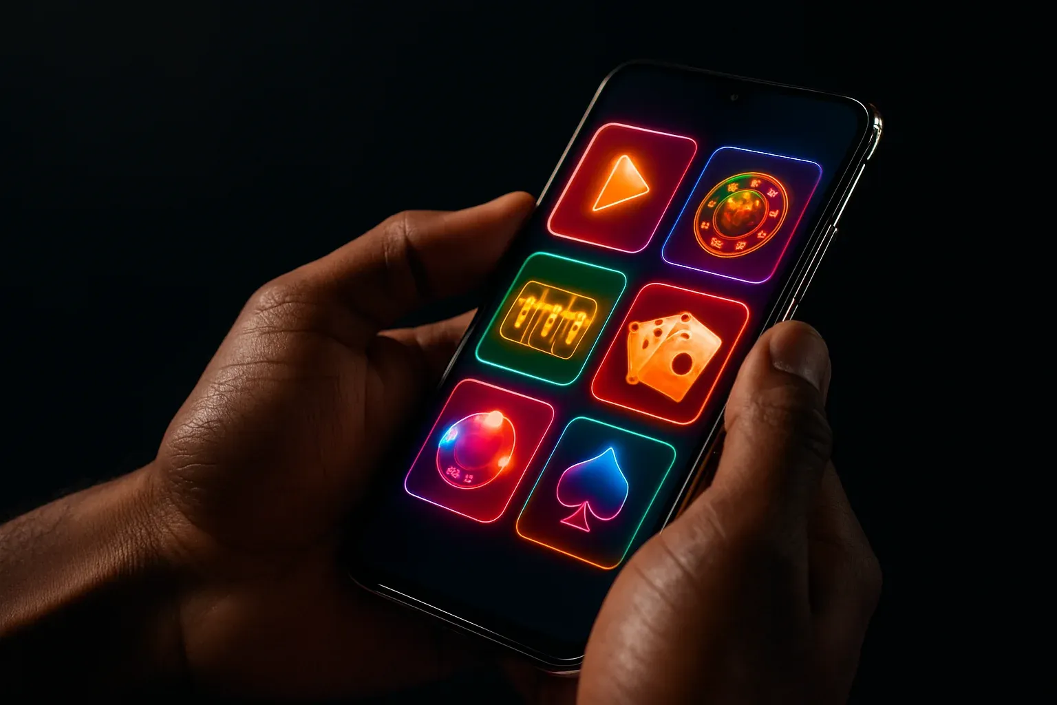 Premium Android smartphone held by Bangladeshi male hands showing glowing app interface