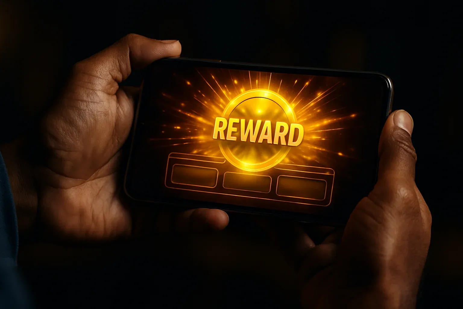 Bangladeshi man hands holding smartphone showing glowing golden reward animation
