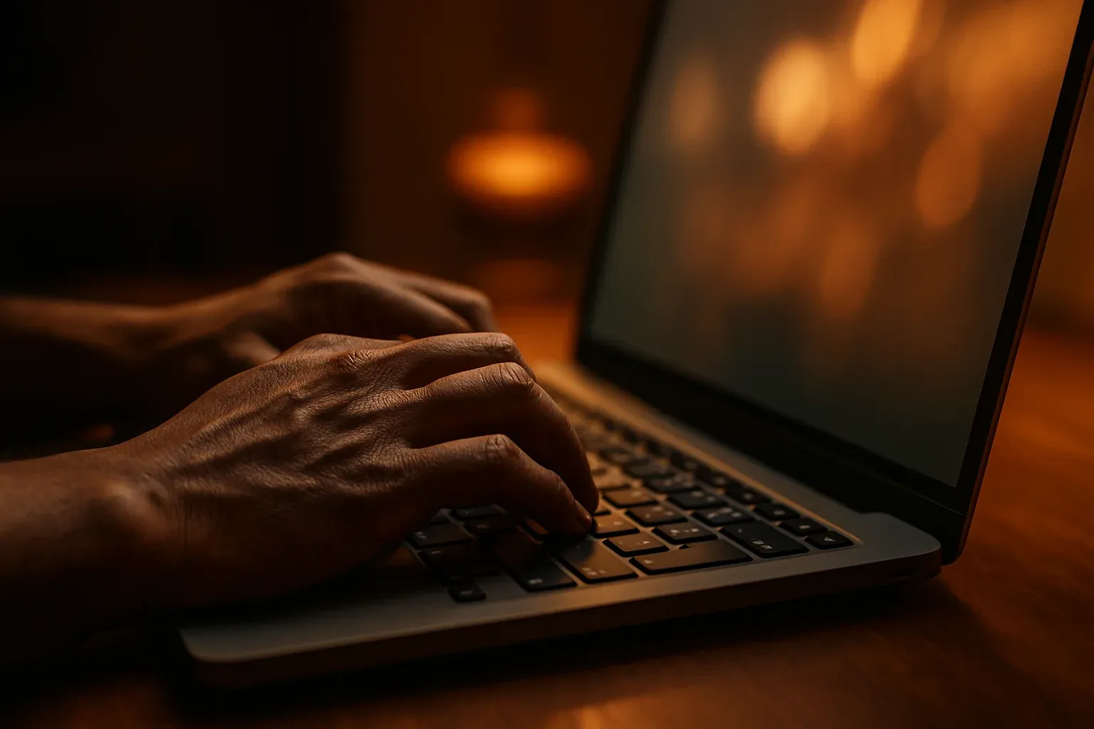 Cinematic close-up of Bangladeshi hands typing on laptop keyboard