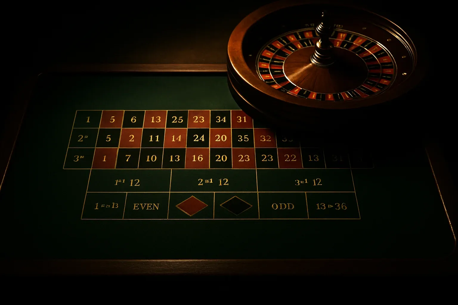 Ultra-realistic casino table with roulette wheel, dark green felt, warm lighting
