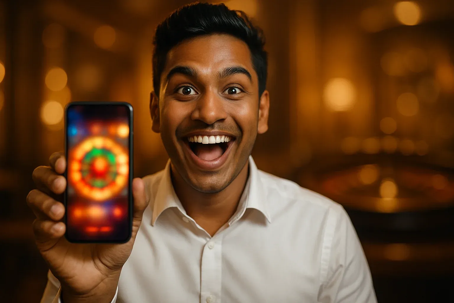 Excited young Bangladeshi man holding smartphone with glowing casino app in lounge