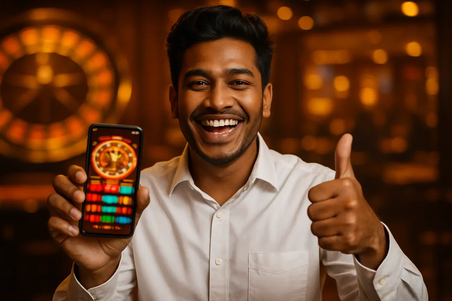 Grinning young Bangladeshi man holding smartphone with blurred casino app interface