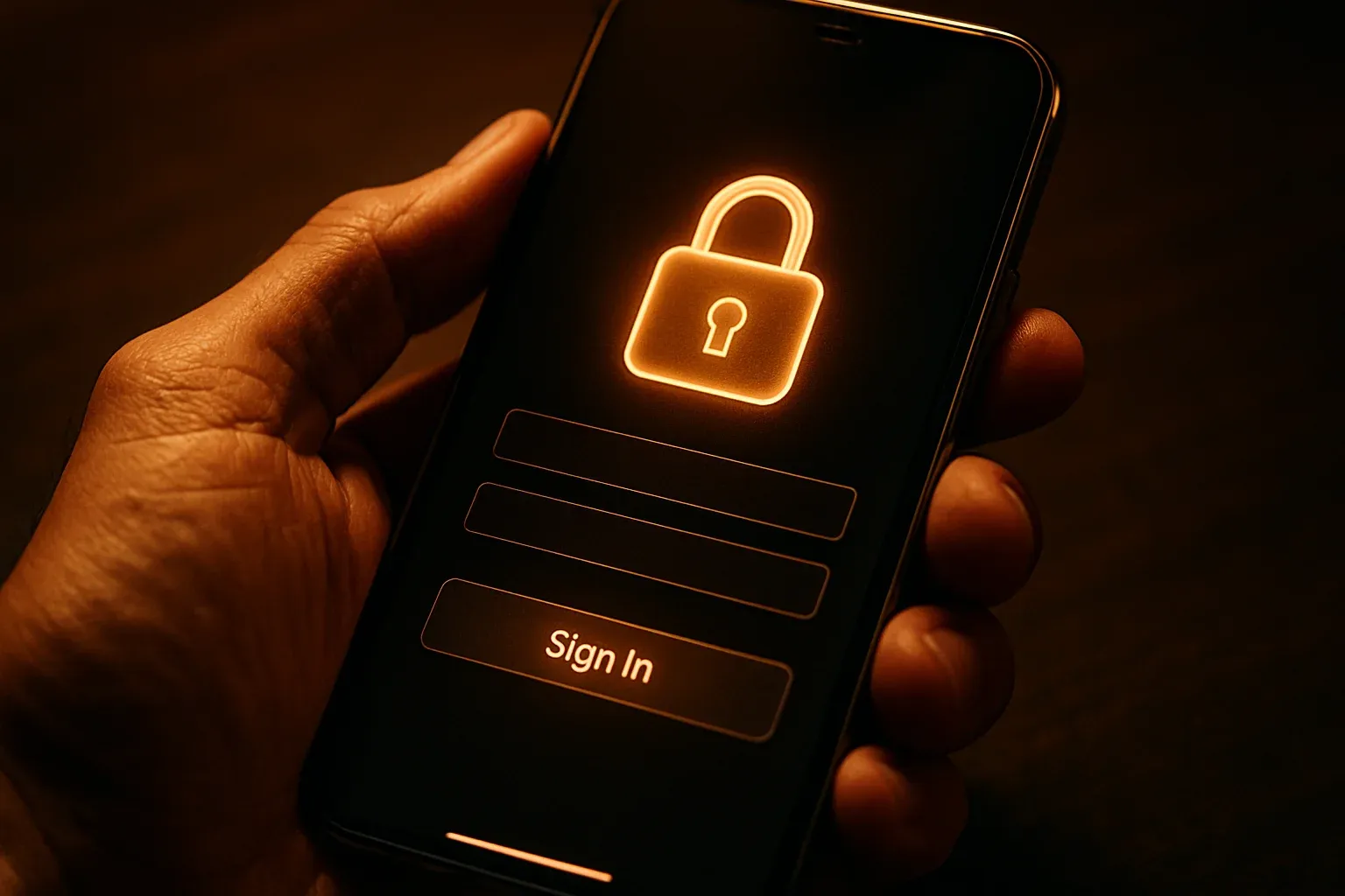 Macro photo of smartphone showing padlock login interface in hand