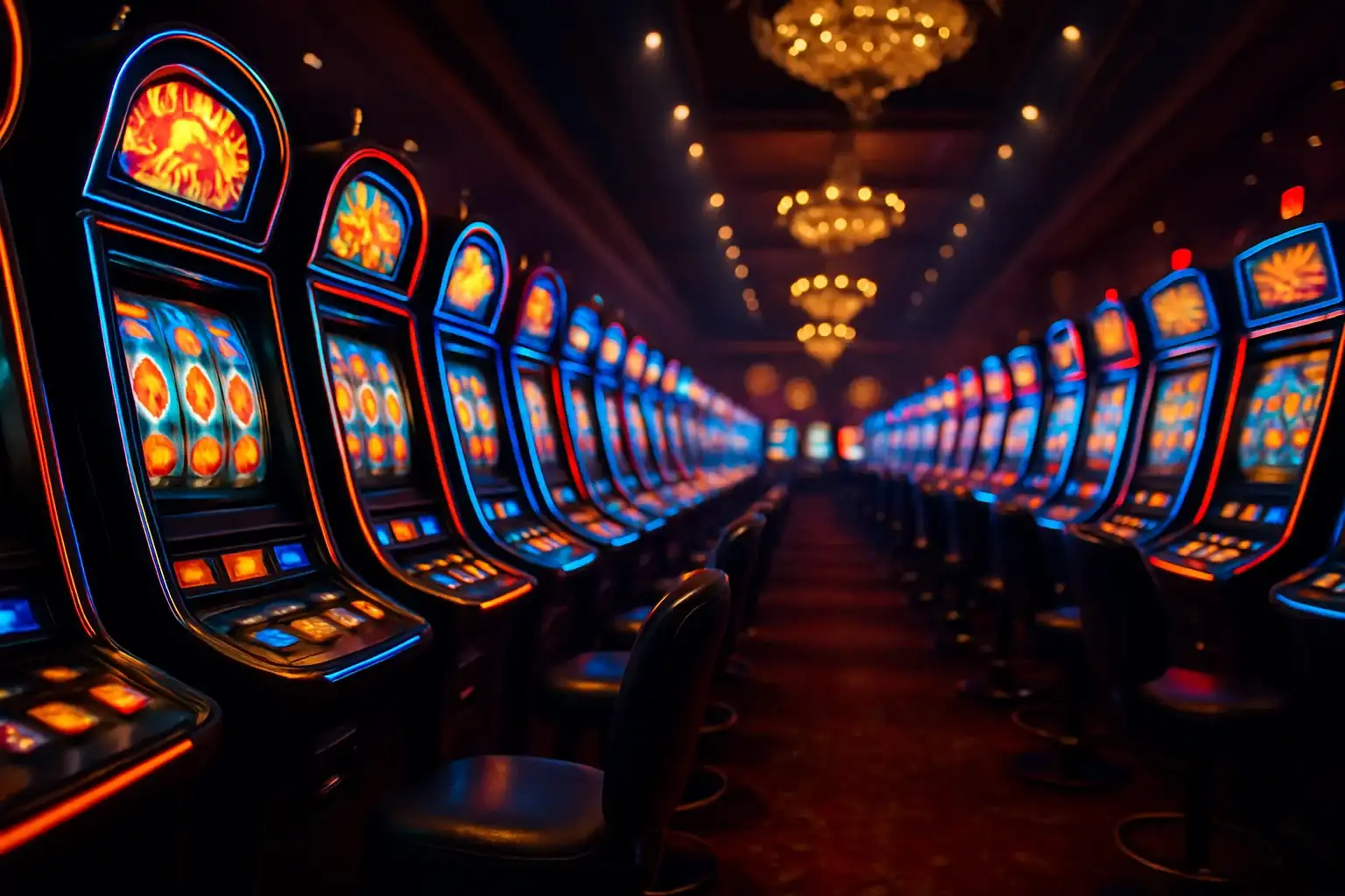Ultra-realistic wide shot of glowing slot machines in an opulent hall